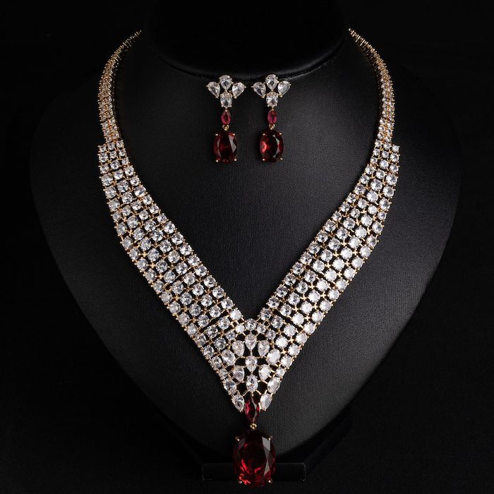 Bridal Brass Oval Stone CZ Statement Necklace Earring Set - Image 5