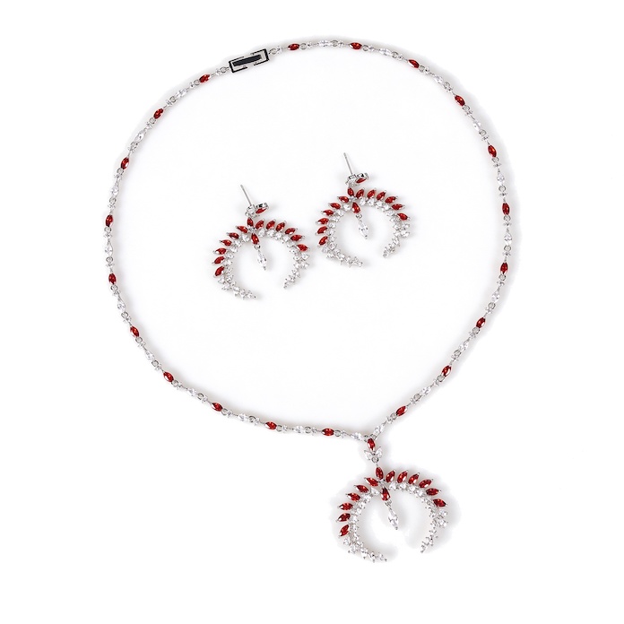 Bridal Brass 28g CZ Cuff C Pendant Necklace Earring Set