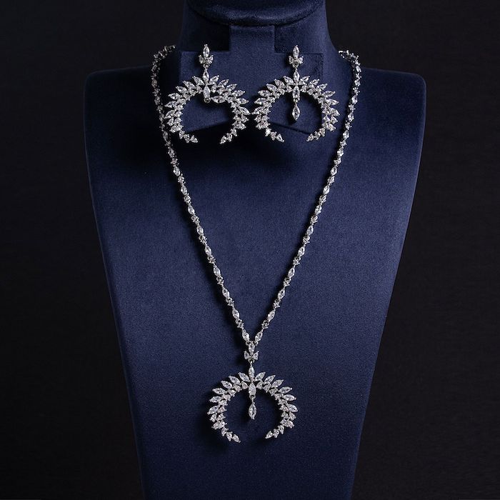 Bridal Brass 28g CZ Cuff C Pendant Necklace Earring Set - Image 3
