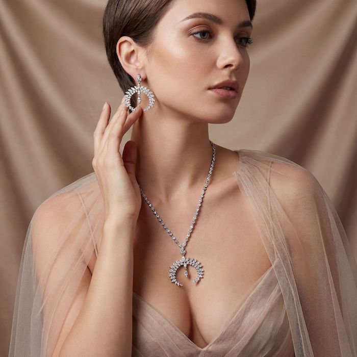 Bridal Brass 28g CZ Cuff C Pendant Necklace Earring Set - Image 4