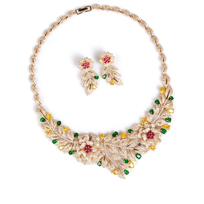 Party Brass CZ Leaves Flowers Statement Necklace Earrings Set