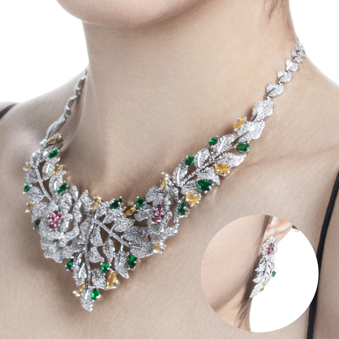 Party Brass CZ Leaves Flowers Statement Necklace Earrings Set - Image 4