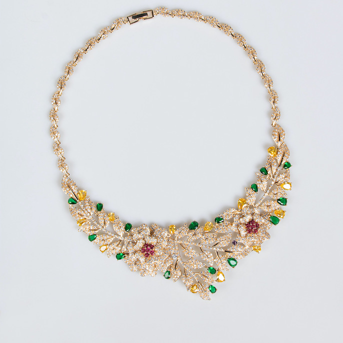 Party Brass CZ Leaves Flowers Statement Necklace Earrings Set - Image 2