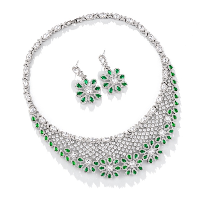 Bridal Brass Hollow CZ Flowers Choker Necklace Earring Set