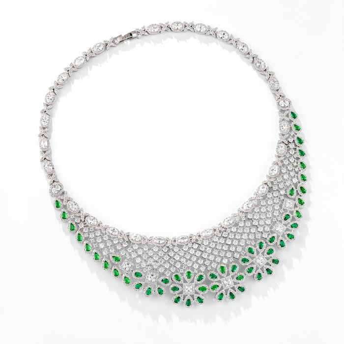 Bridal Brass Hollow CZ Flowers Choker Necklace Earring Set - Image 2
