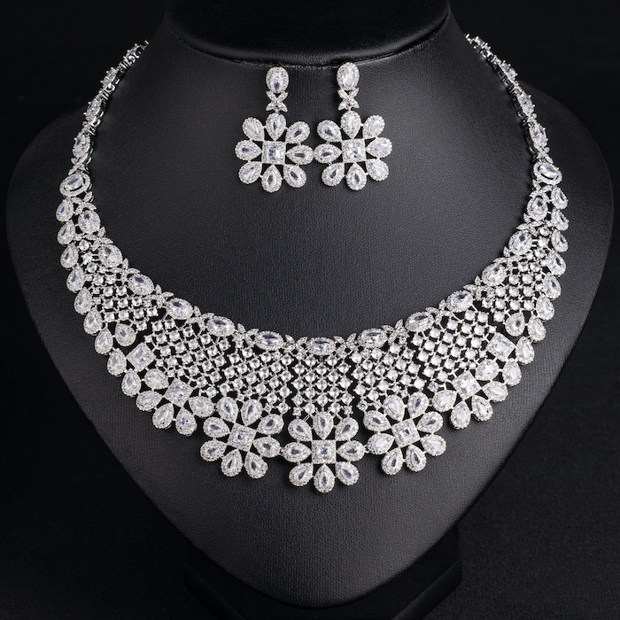 Bridal Brass Hollow CZ Flowers Choker Necklace Earring Set - Image 5