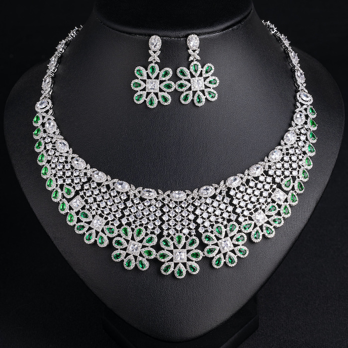 Bridal Brass Hollow CZ Flowers Choker Necklace Earring Set - Image 4