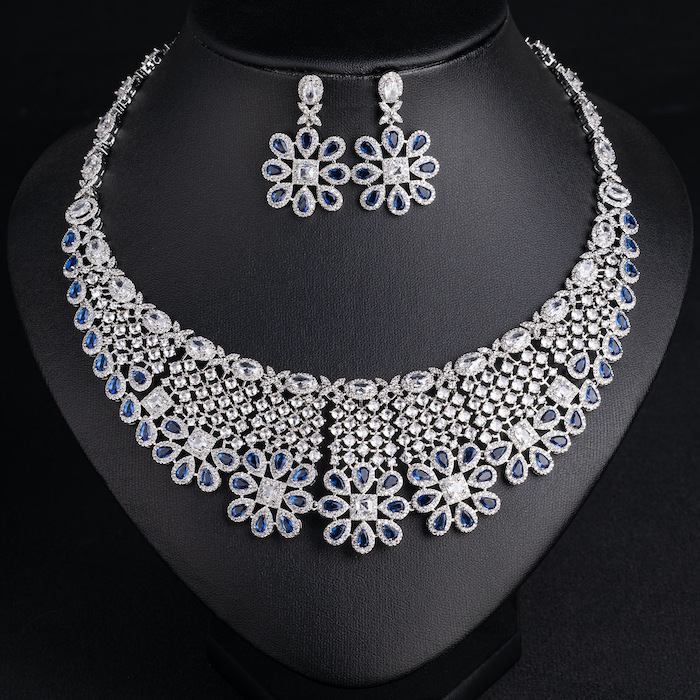 Bridal Brass Hollow CZ Flowers Choker Necklace Earring Set - Image 3