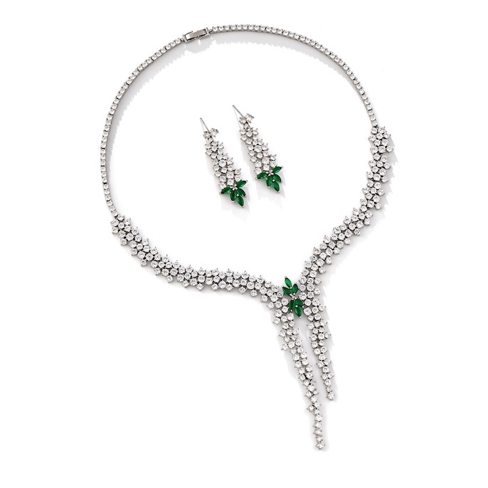 Party Brass CZ Leaf Tassels Choker Necklace Earrings Set