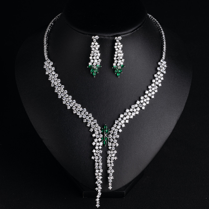 Party Brass CZ Leaf Tassels Choker Necklace Earrings Set - Image 5