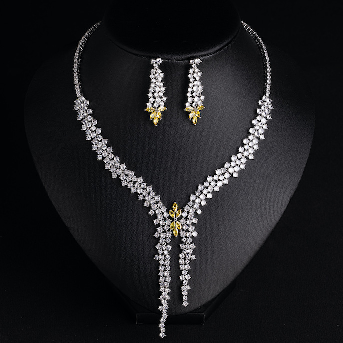 Party Brass CZ Leaf Tassels Choker Necklace Earrings Set - Image 3