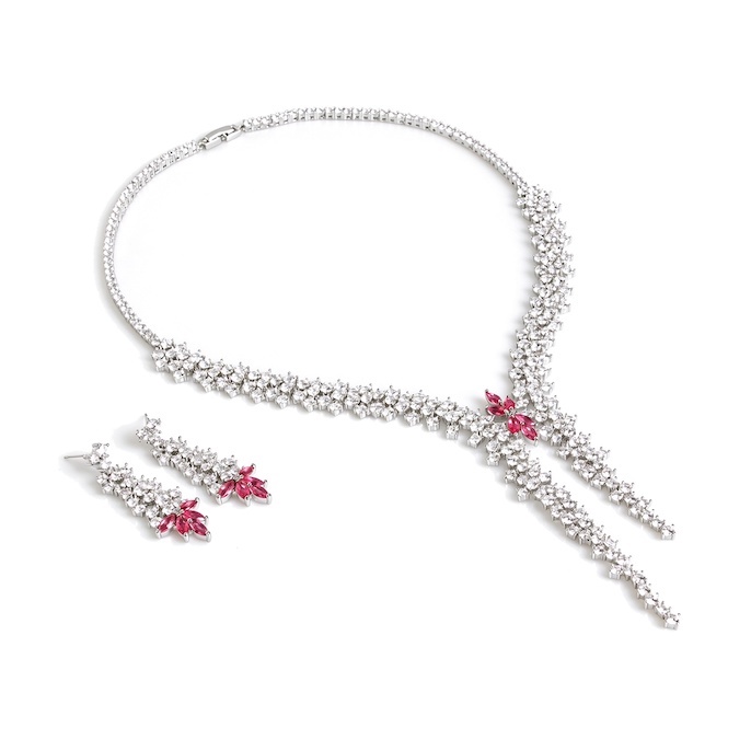 Party Brass CZ Leaf Tassels Choker Necklace Earrings Set - Image 2