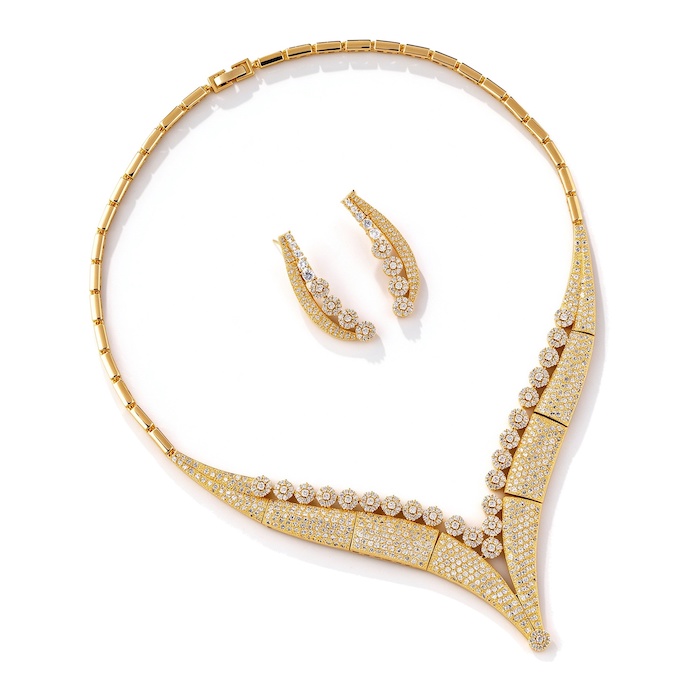 Bridal Brass V-shape CZ Leaf Choker Necklace Earring Set
