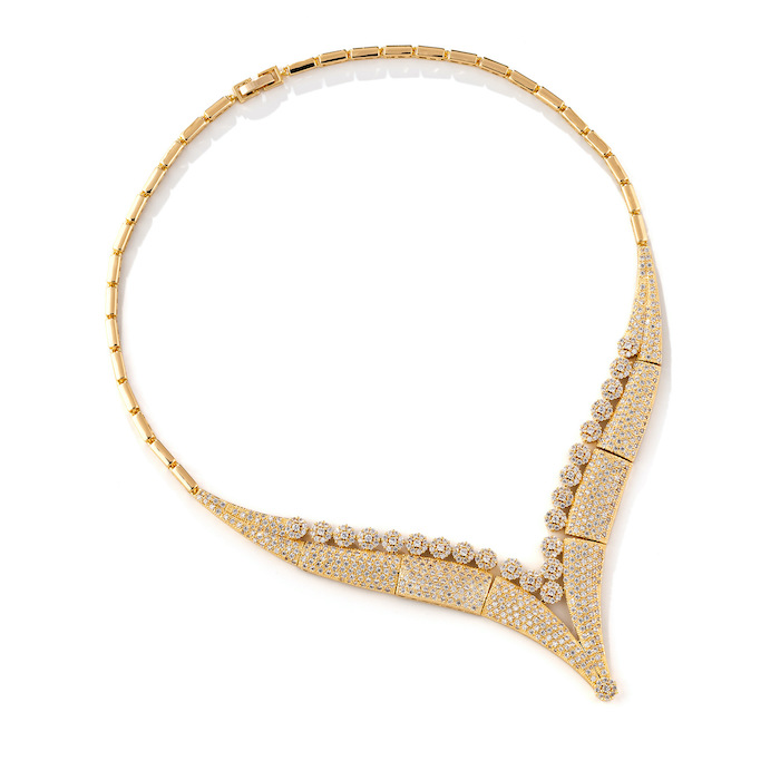 Bridal Brass V-shape CZ Leaf Choker Necklace Earring Set - Image 2
