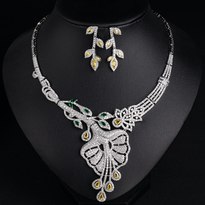 Bridal Brass Large CZ Leaf Statement Necklace Earring Set - Image 6