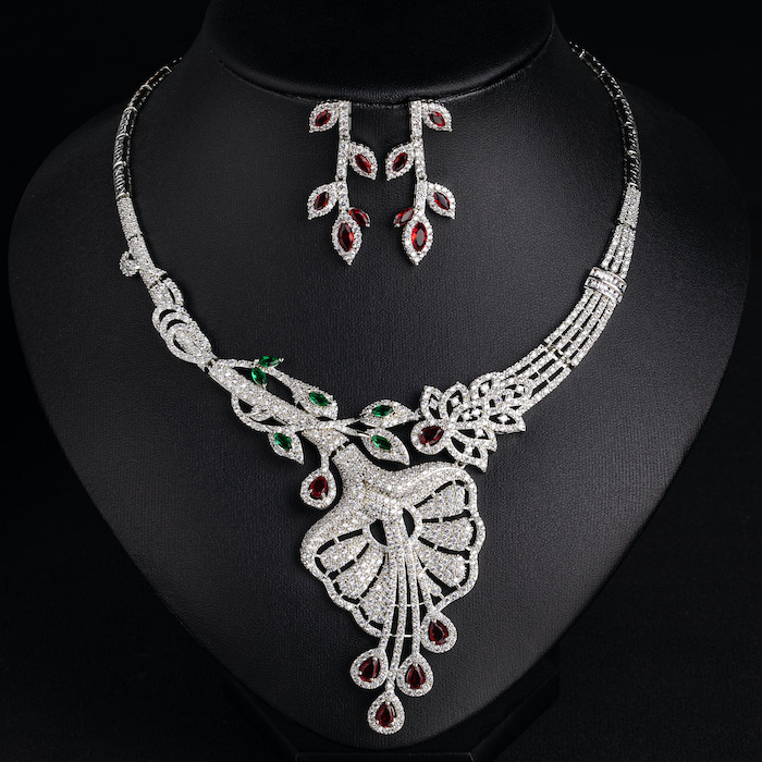 Bridal Brass Large CZ Leaf Statement Necklace Earring Set - Image 5
