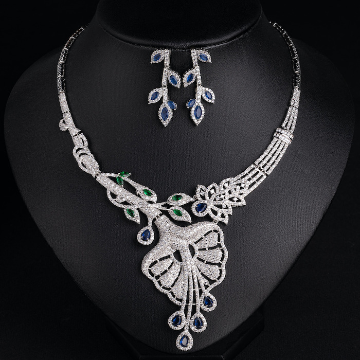 Bridal Brass Large CZ Leaf Statement Necklace Earring Set - Image 4