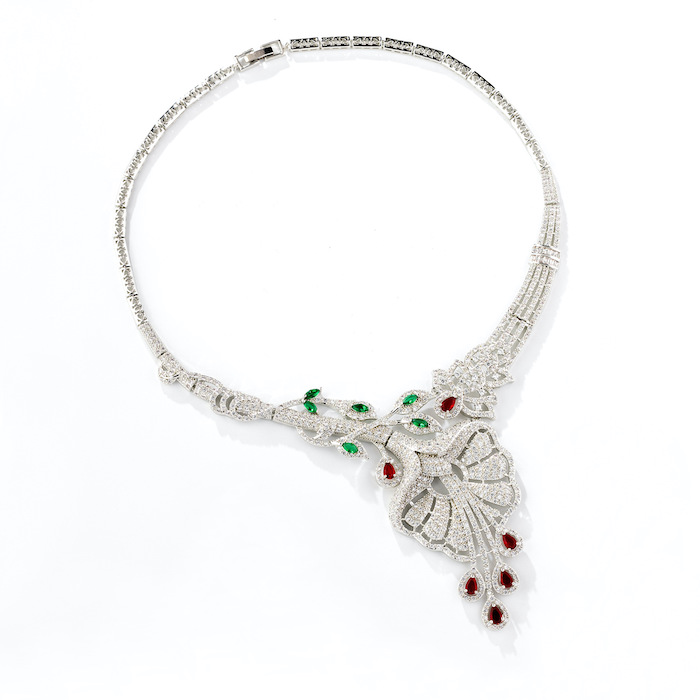 Bridal Brass Large CZ Leaf Statement Necklace Earring Set - Image 2