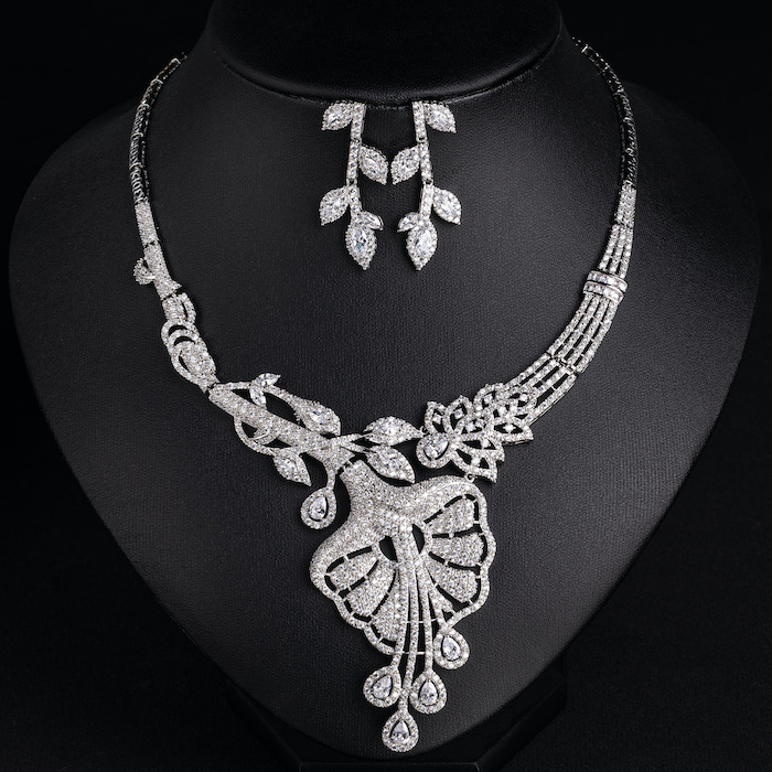Bridal Brass Large CZ Leaf Statement Necklace Earring Set - Image 3