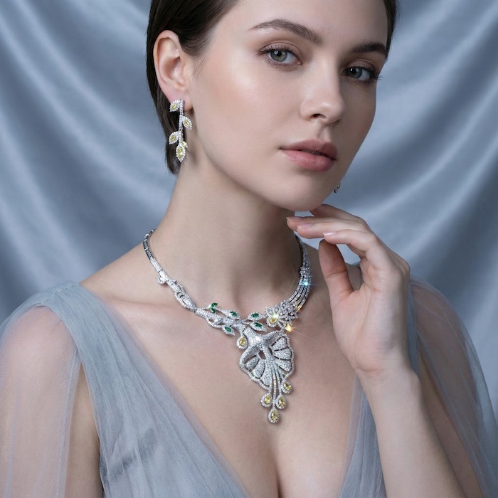Bridal Brass Large CZ Leaf Statement Necklace Earring Set - Image 7