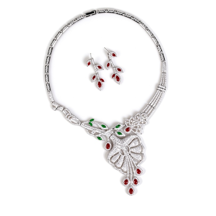 Bridal Brass Large CZ Leaf Statement Necklace Earring Set