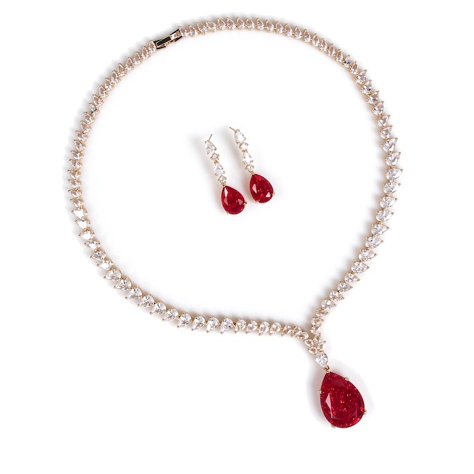 Party Brass Teardrop CZ Ruby Pendant Necklace Earrings Set