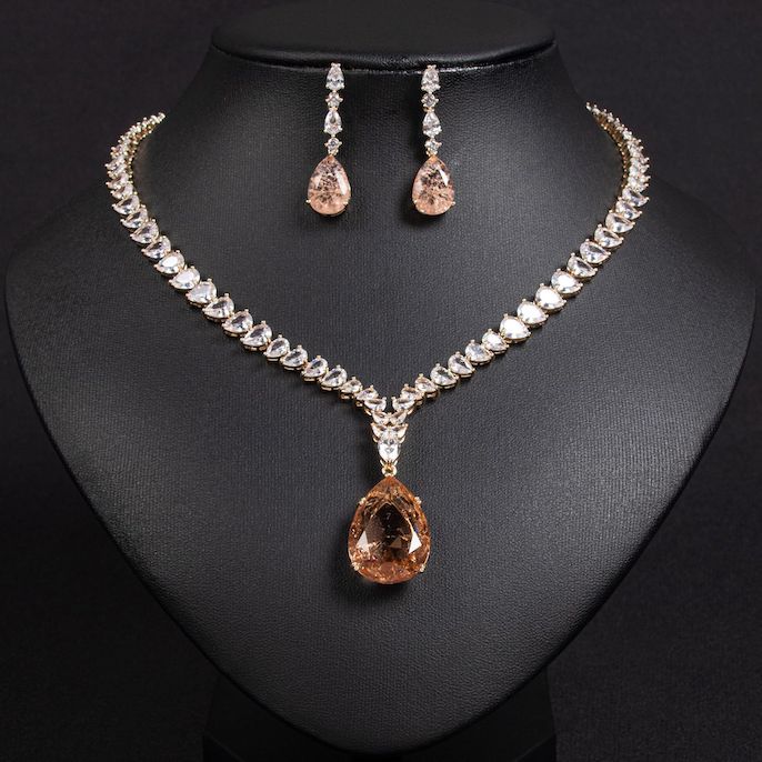 Party Brass Teardrop CZ Ruby Pendant Necklace Earrings Set - Image 7