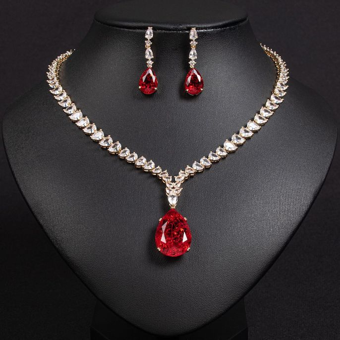 Party Brass Teardrop CZ Ruby Pendant Necklace Earrings Set - Image 4