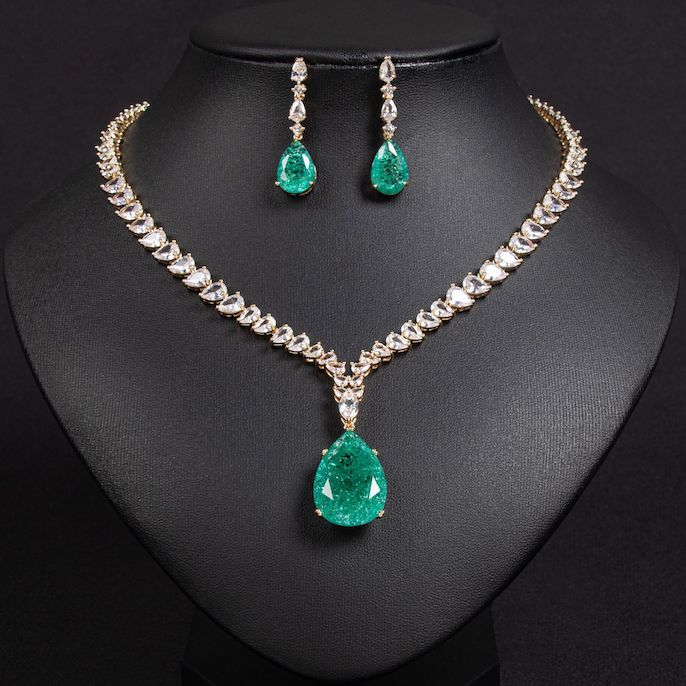 Party Brass Teardrop CZ Ruby Pendant Necklace Earrings Set - Image 3