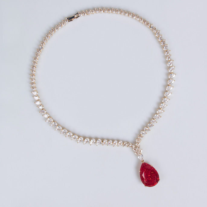 Party Brass Teardrop CZ Ruby Pendant Necklace Earrings Set - Image 2