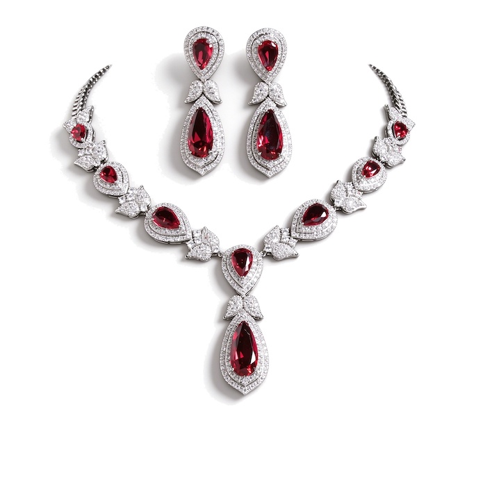 Heavy Bridal Brass Teardrop CZ Leaf Choker Necklace Earring Set