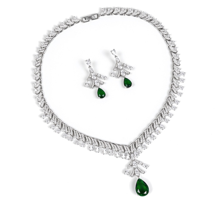 Bridal Brass Teardrop Gemstone Choker Necklace Earring Set