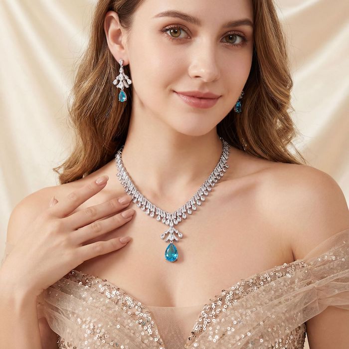 Bridal Brass Teardrop Gemstone Choker Necklace Earring Set - Image 4