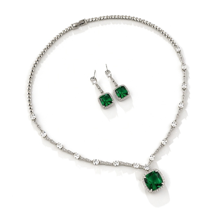 Bridal Brass 13mm Square Stone Choker Necklace Earring Set