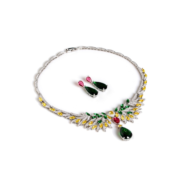 Bridal Brass Teardrop Stone Leaves Choker Necklace Earring Set