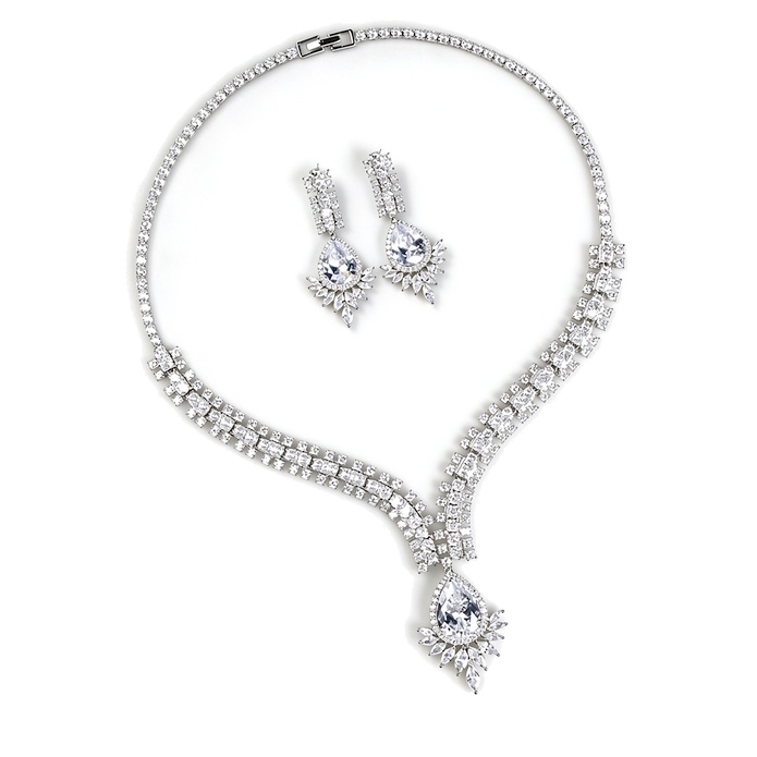 Bridal Brass CZ Gemstones Teardrop Choker Necklace Earring Set