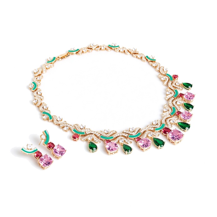 Bridal Brass Geometric Teardrop Zircons Choker Necklace Earring Set