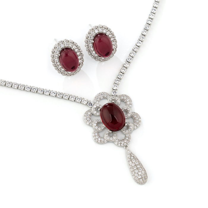Bridal Brass Teardrop CZ Ruby Flower Choker Necklace Earring Set
