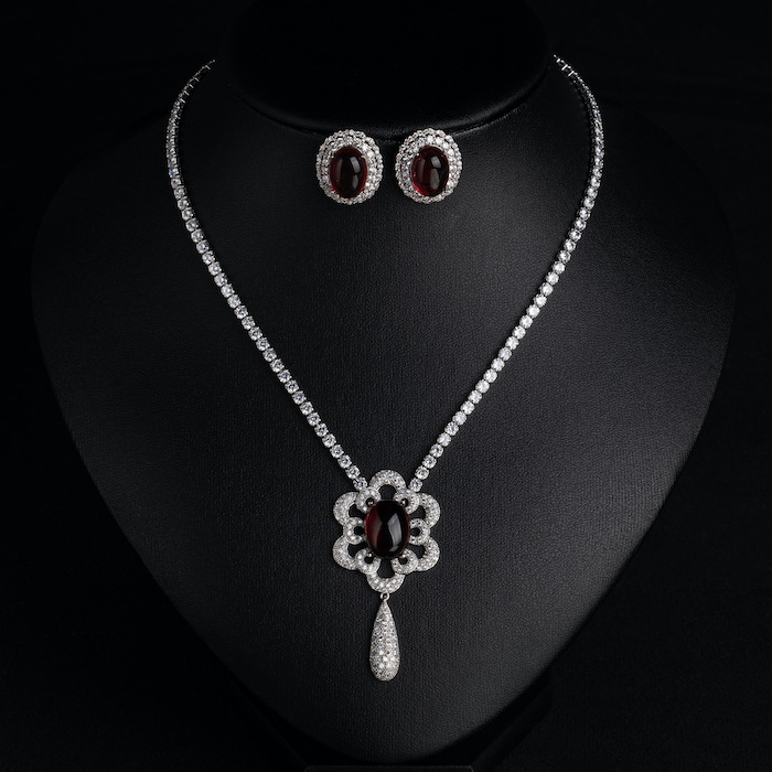 Bridal Brass Teardrop CZ Ruby Flower Choker Necklace Earring Set - Image 3