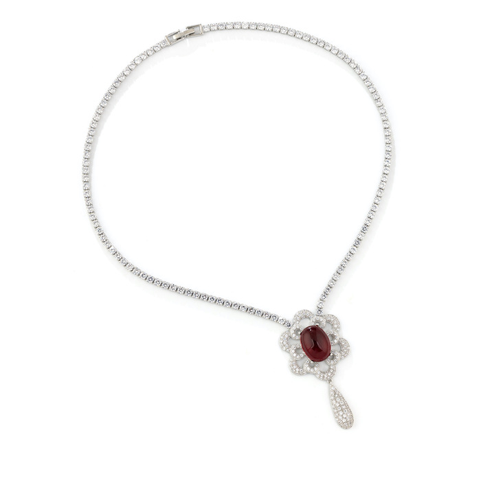 Bridal Brass Teardrop CZ Ruby Flower Choker Necklace Earring Set - Image 2