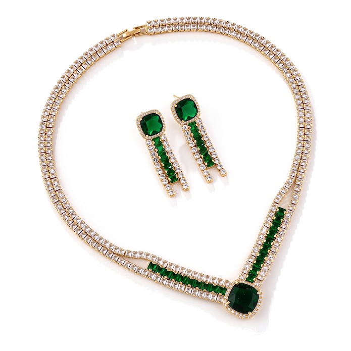 Bridal Brass Geometric Stones Choker Necklace Earring Set