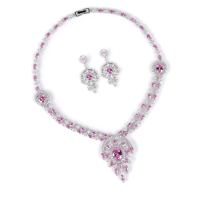 Bridal Brass Cubic Zirconia Flower Choker Necklace Earring Se