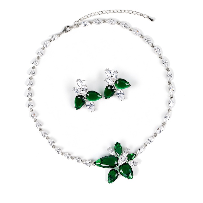 Bridal Brass Emerald Zircons Flower Choker Necklace Earring Set