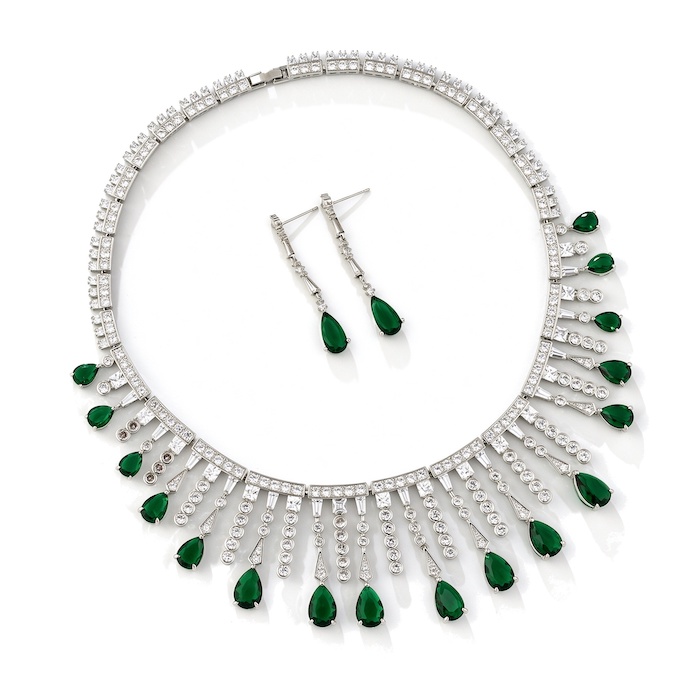 Bridal Brass Teardrop CZ Tassels Choker Necklace Earring Set
