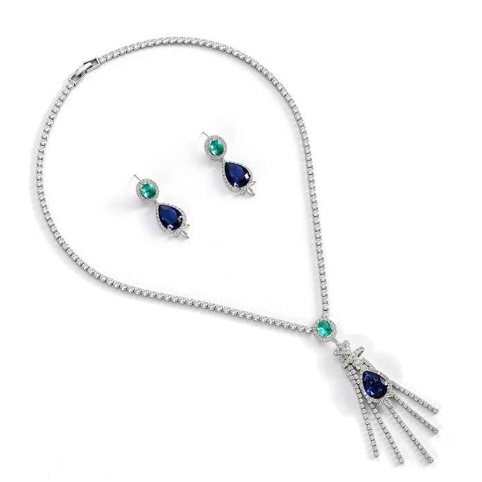 Bridal Brass 27g Teardrop Stone Tassels Choker Necklace Earring Set