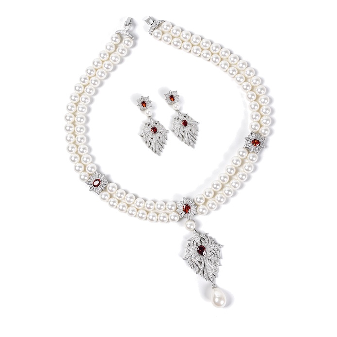 Party Brass Layered CZ Pearls Leaf Choker Necklace Earrings Set