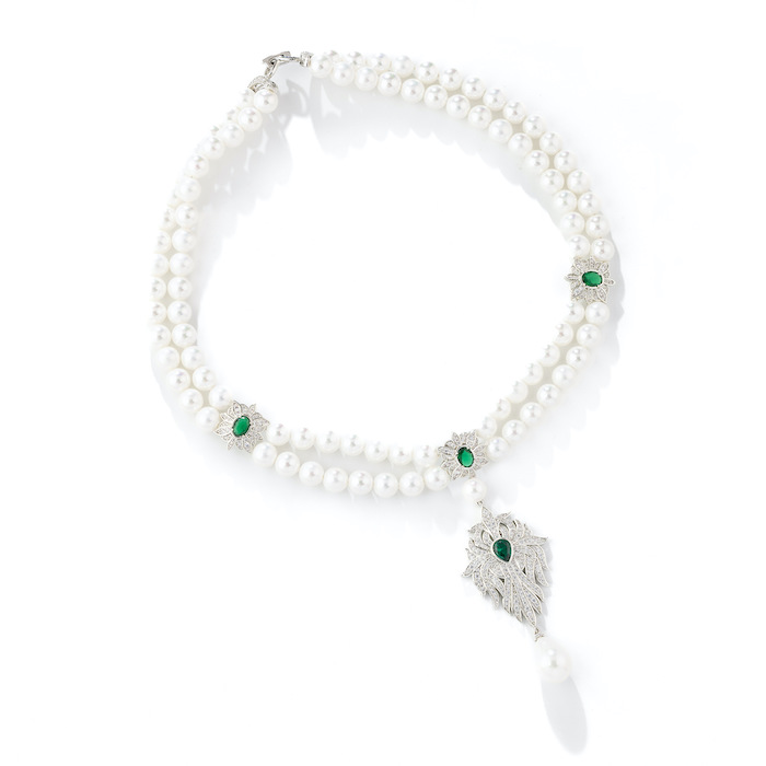Party Brass Layered CZ Pearls Leaf Choker Necklace Earrings Set - Image 2