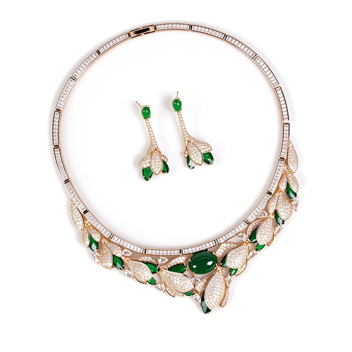 Bridal Brass Oval Ruby Emerald Leaf Statement Necklace Earring Set
