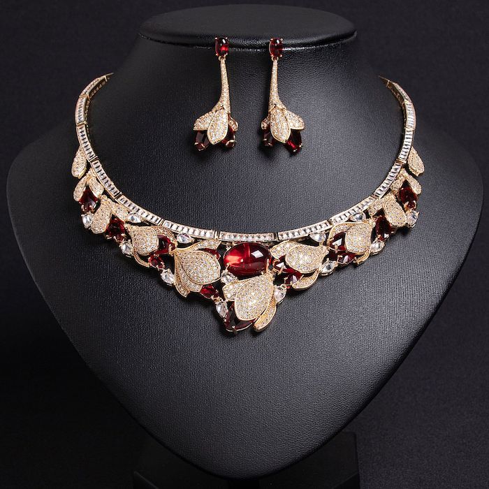 Bridal Brass Oval Ruby Emerald Leaf Statement Necklace Earring Set - Image 3