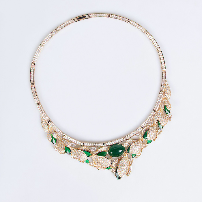 Bridal Brass Oval Ruby Emerald Leaf Statement Necklace Earring Set - Image 2